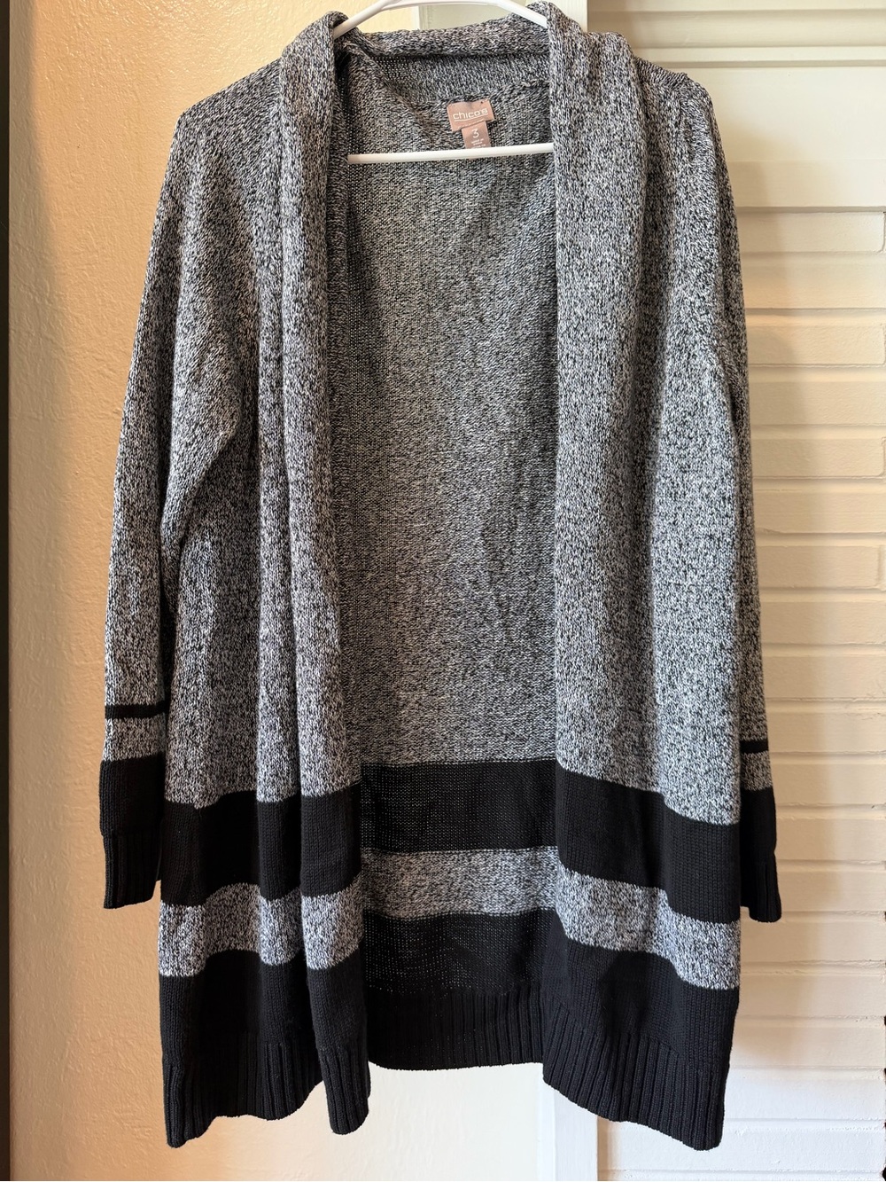 Chico’s Black Gray Marled Open Front Long Cardigan Sweater Size 3
